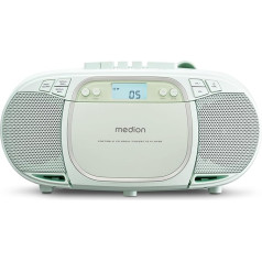 MEDION E66476 Stereo skaņas sistēma (Boombox, CD atskaņotājs, MP3, kasešu atskaņotājs, pārnēsājamais kasešu atskaņotājs bērniem, FM radio, AUX, austiņas, elektrotīkla un akumulatora pieslēgums), zaļa krāsā