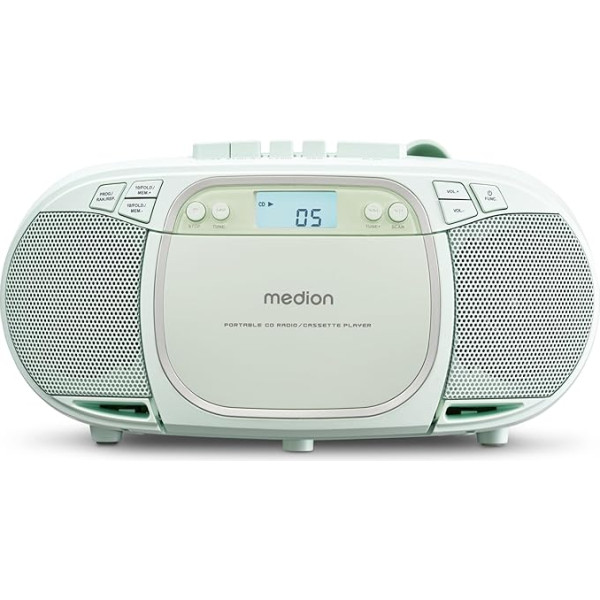 MEDION E66476 Stereo skaņas sistēma (Boombox, CD atskaņotājs, MP3, kasešu atskaņotājs, pārnēsājamais kasešu atskaņotājs bērniem, FM radio, AUX, austiņas, elektrotīkla un akumulatora pieslēgums), zaļa krāsā