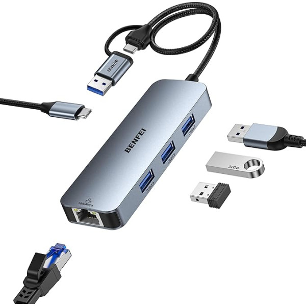 BENFEI USB C USB 3.0- Gigabit Ethernet adapteris, 3 porti USB 3.0 centrmezglu ar RJ45 Ethernet LAN tīkla adapteri, USB C/USB 3.0 LAN adapteris MacBook Pro/Air 2023 iPad Pro iMac S23 XPS17 Surface Book 3