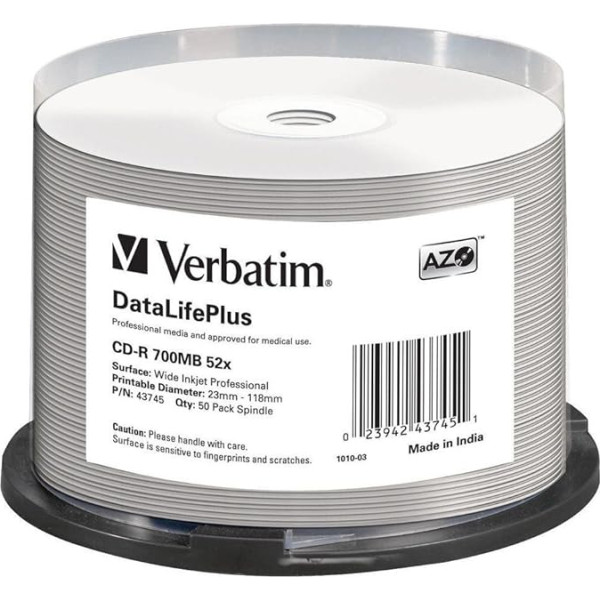 Verbatim CD-R AZO Wide Inkjet Printable 700 MB, 50er Pack Spindel, CD Rohlinge, 52-fache Brenngeschwindigkeit mit langer Lebensdauer, leere CDs bedruckbar, Audio CD Rohling