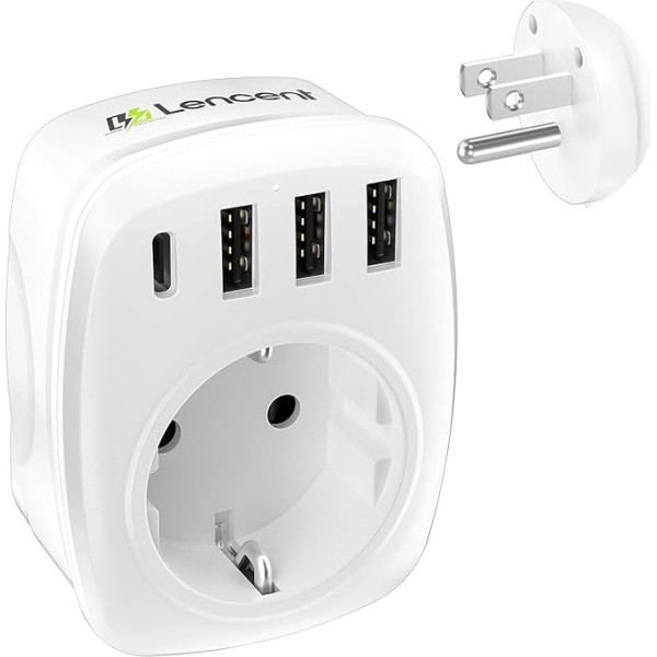 LENCENT ceļojuma adaptera adapteris America Germany Plug, no ES uz ASV, B tipa ceļojuma kontaktdakša ASV, Kanāda, Meksika, Taizeme, Taizeme, Sienas kontaktligzdas ar 3 USB/1 C tipa maiņstrāvas kontaktligzdas adapteri