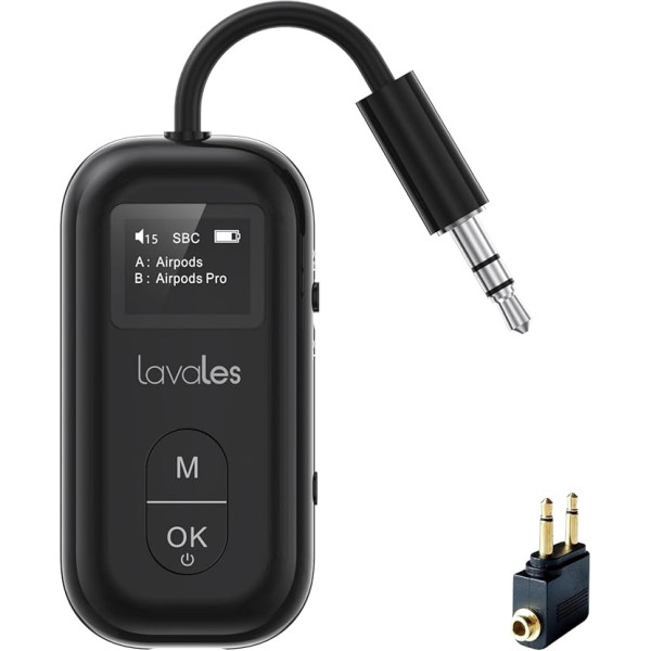 Lavales SafeFly Pro Bluetooth 5.3 raidītājs un uztvērējs Bluetooth audio adapteris ar ekrānu līdz 2 Bluetooth austiņām; lieto ar jebkuru 3,5 mm ligzdu lidmašīnās, televizoros/tabletos, skaļruņos un automašīnās