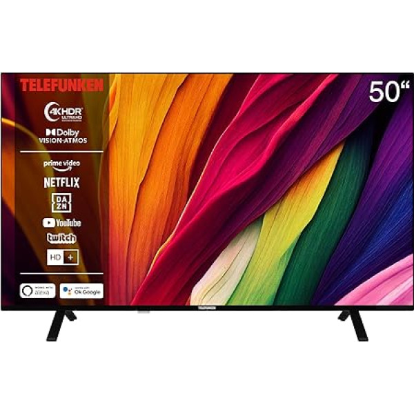 Telefunken 4K televizors 50 collu Smart TV (UHD, Dolby Vision HDR, Dolby Atmos, HD+, 6 mēneši, ieskaitot trīskāršu uztvērēju) D50U750R1CW