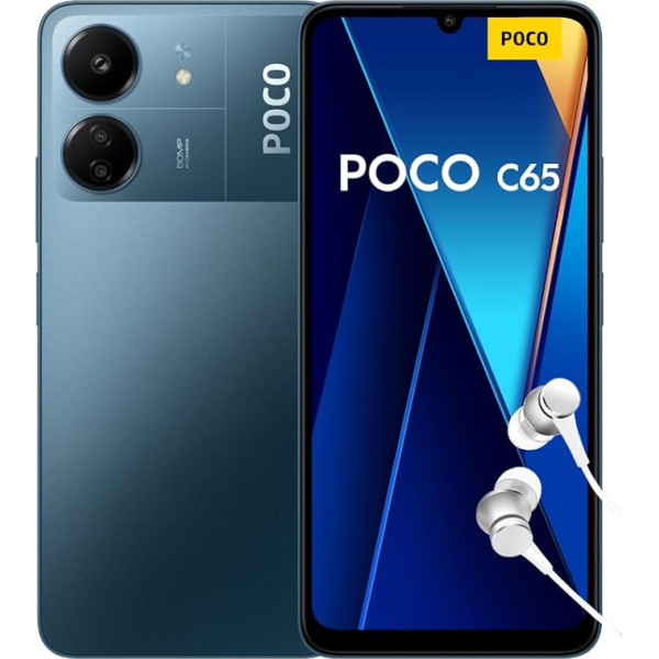 Xiaomi Poco C65 viedtālrunis + austiņas, 6 + 128 GB mobilais tālrunis bez līguma, 6,74 collu 90 Hz displejs, 5000 mAh, 18 W ātrā uzlāde, 50 MP AI trīskāršā kamera, zils