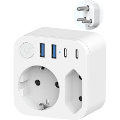 Ceļojuma adapteris no Vācijas uz Indiju ar 4 USB (2 C tipa), divvirzienu Indijas kontaktligzdas adapteris, Šrilankas, Indijas, Nepālas, Šrilankas, Indijas, Nepālas kontaktligzdas, balts