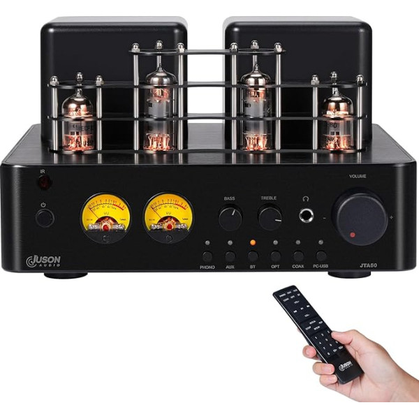 Juson Audio JTA50 130 W lampu pastiprinātājs Sākuma līmeņa HiFi pastiprinātājs ar BT 5.0, tālvadības pulti, AUX, koaksiālo, Phono un USB ieeju, zemfrekvences skaļruņa izeju, 2.1 kanālu atskaņotājam