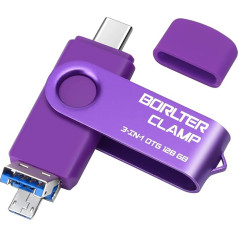 128 GB USB zibatmiņas karte 3 in 1 Android tālruņiem, BorlterClamp OTG USB 3.0 zibatmiņas karte ar 3 USB pieslēgvietām (USB Type-C/microUSB/USB-A) Samsung Galaxy, klēpjdatoriem un citiem ierīcēm (violeta)