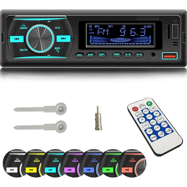 iFreGo Auto radio ar Bluetooth brīvroku autoradio MP3 atskaņotājs/FM radio USB atbalsts mūzikas atskaņošanai FM/TF/AUX in, multimediju atskaņotājs 7 gaismas krāsas 1 DIN Bluetooth auto radio