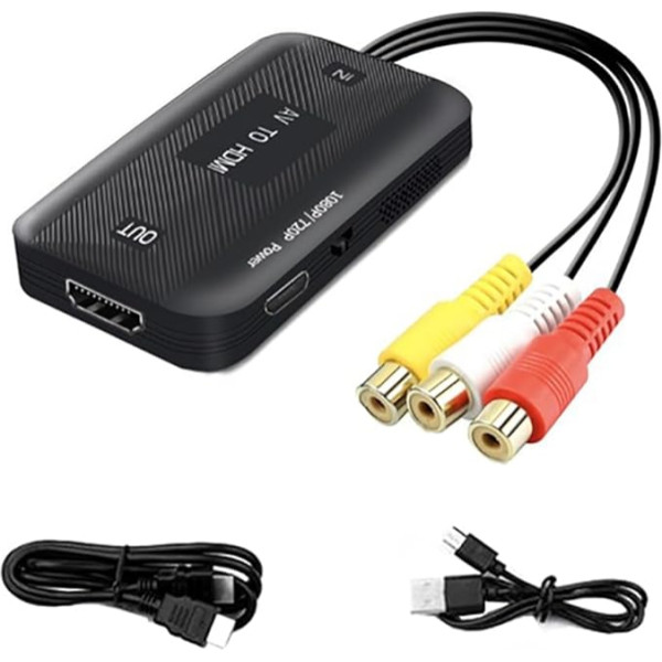 Jerilla AV uz HDMI pārveidotājs, RCA uz HDMI video adaptera kabelis, kompozītmateriālu CVBS L/R audio pārveidotājs 1080P/720P RCA ievade ar HDMI kabeli HDTV/monitoram/PC/STB/VHS/PS3/DVD atskaņotājam