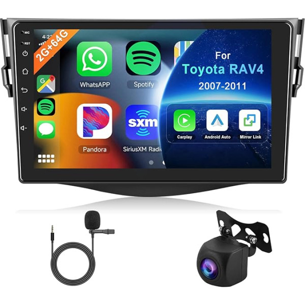 Hodozzy 2G 64G Android auto radio Toyota RAV4 2007-2011 Carplay Android auto spoguļa saite, 9 collu skārienjūtīgais ekrāns, radio ar Bluetooth GPS navigāciju WiFi FM RDS HiFi, atpakaļgaitas kameras radio RAV4