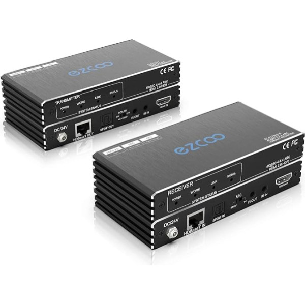 ROFAVEZCO HDMI Extender ARC Ethernet HDBaseT 4K 60Hz HDR10 ar Cat5e Cat6 SPDIF Audio Breakout, divvirzienu PoE IR CEC - 230ft 1080P, 130ft HDCP2.2 D-olby DTS:X, 4K Down-Scaler, plāns mini korpuss