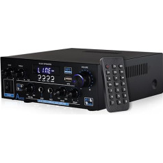 Pastiprinātājs HiFi Stereo, 2-kanālu mini pastiprinātājs, 70 W + 70 W, piemērots diviem 10 collu skaļruņiem, 1000 W Bluetooth 5.3 ar Bass/Treble/AUX/FM/MIC/USB mājas skaļruņiem