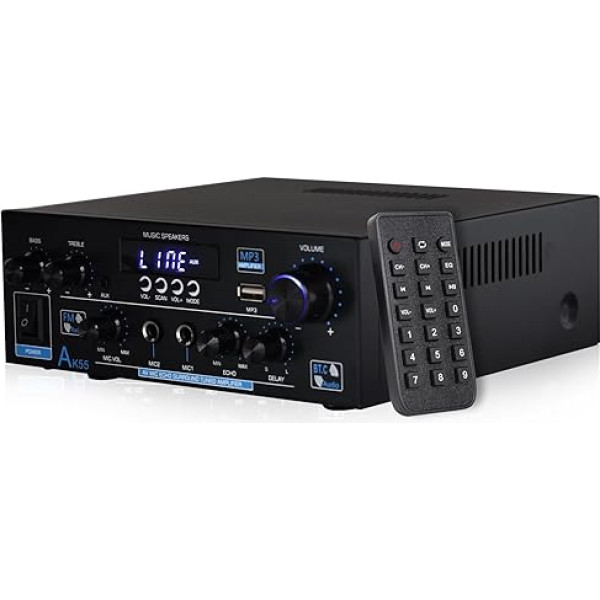 Pastiprinātājs HiFi Stereo, 2-kanālu mini pastiprinātājs, 70 W + 70 W, piemērots diviem 10 collu skaļruņiem, 1000 W Bluetooth 5.3 ar Bass/Treble/AUX/FM/MIC/USB mājas skaļruņiem