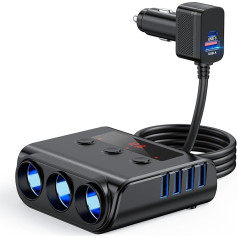 Cigarešu aizdedzinātāja sadalītājs 180 W auto lādētājs ar 5 USB pieslēgvietām, 12 V/24 V sadalītājs, auto lādētāja adapteris, trīskārša ligzda, LED voltmetrs ar atsevišķu slēdzi mobilajam telefonam, GPS, Dash kamera, sēdekļa apsilde