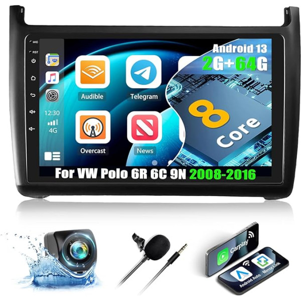 2+64G 8-core CAMECHO Android 13 auto radio VW Polo 6R 6C 9N 2008-2016, 9 collu skārienjūtīgais ekrāns 2Din Stereo bezvadu Carplay Bluetooth radio ar WiFi GPS navigāciju FM/RDS DSP + atpakaļgaitas kamera &