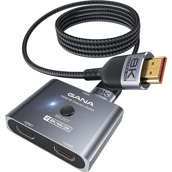 GANA HDMI 2.1 slēdzis, Ultra HD 8K divvirzienu HDMI sadalītāja slēdzis, atbalsta 4K@120Hz, 8K@60Hz 【ar 4,9FT HDMI kabeli】Alumīnija HDMI selektors PS5/PS4, Xbox, Roku, TV, Fire Stick