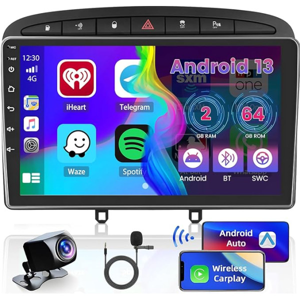 2GB + 64GB Android 13 Auto radio Peugeot 308/408 2007-2015 Radio bezvadu Apple CarPlay Android auto Bluetooth 9 collu ekrāns Auto radio ar navigāciju atpakaļgaitas kamera