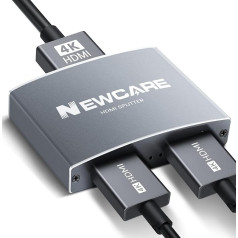 NEWCARE HDMI sadalītājs 1 in 2 Out ar 1,2 m HDMI kabeli, alumīnija 4K HDMI sadalītājs no 1 līdz 2 (tikai dublēšana/atspoguļošana), HDMI sadalītājs 2 monitoriem vienlaicīgi Full HD TV PS5/4, pelēks