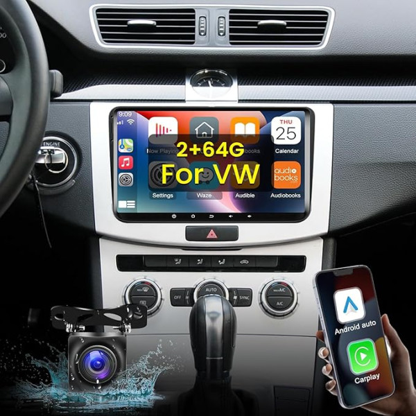 NHOPEEW 2+64G Android 13 auto radio VW Passat B6/B7 Golf Polo Seat Touran Sharan Skoda Caddy Fabia Octavia ar Carplay & Android Car - 9 collu radio atbalsts WiFi GPS SWC + atpakaļgaitas kamera & mikrofons