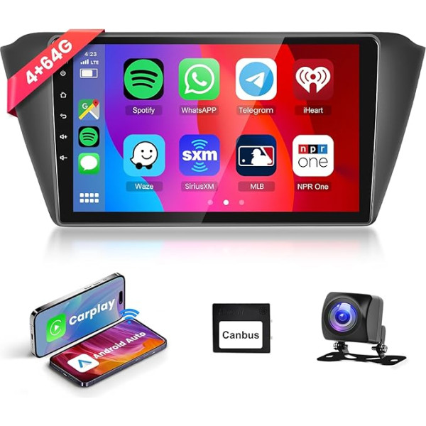 Podofo Auto radio priekš Skoda Fabia 2015-2019 ar Wireless Carplay Android Car, 9 collu IPS skārienjūtīgais ekrāns, 8-core 4G + 64G, auto radio ar Bluetooth/WiFi/Mirror Link/GPS/DSP + atpakaļgaitas kamera