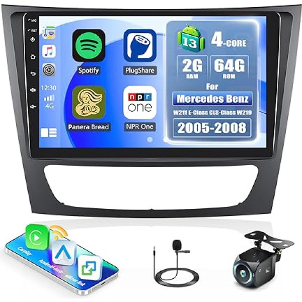 [2G + 64G] Android 13 auto radio Mercedes-Benz E-Class W211/CLS-Class 2005-2008 ar Carplay Android Car, 9 collu skārienjūtīgais ekrāns Carplay auto radio ar GPS WiFi FM/RDS Bluetooth + atpakaļgaitas kamera &