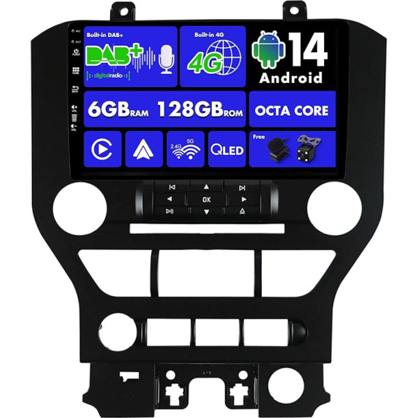 SXAUTO Android 13 - [Iebūvēts 4G LTE un DAB] - 6G + 128G - Auto radio Ford Mustang (2015-2020) - Dual Band WiFi - CarPlay Android Car - Kamera + Mic - Stūres vadības DSP - 8-core QLED 9 collu