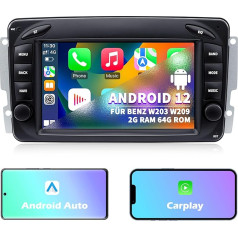 Auto radio priekš Mercedes Benz C klases W203 G klases W463 CLK W209, Android 12 2G + 64G ar Carplay Android Car, 7 collu IPS Touchscreen GPS navigācija Bluetooth Mirror Link WiFi FM radio