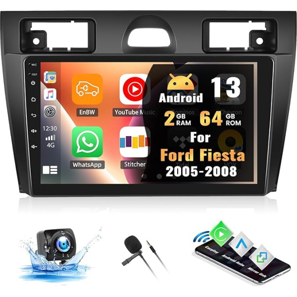 CAMECHO 2G+64GAndroid 13 Auto radio Ford Fiesta 2005-2008 Bezvadu CarPlay Android automašīnai, 9 collu ekrāns Auto radio ar Bluetooth GPS Sat NAV HiFi WiFi FM RDS SWC+ atpakaļgaitas kamera