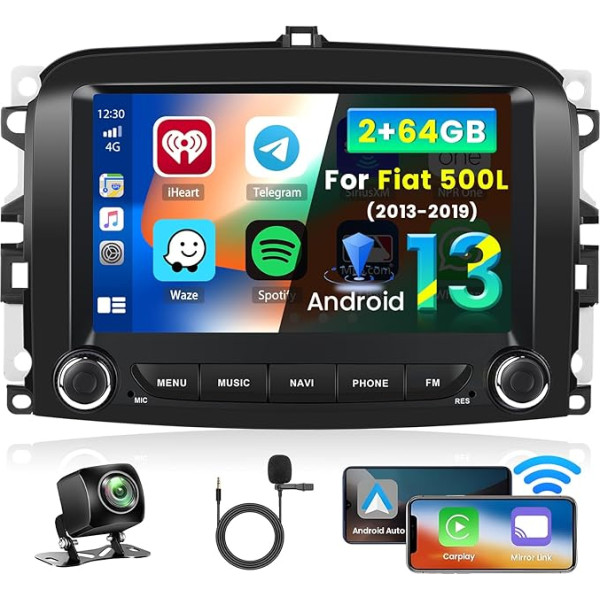 Inefala 7 collu Android 13 auto radio Fiat 500L 2013-2019 2 DIN ekrāns (2+64GB) ar bezvadu CarPlay Android auto FM RDS GPS Bluetooth stūres vadības stūres vadības kamera atpakaļgaitas kamera