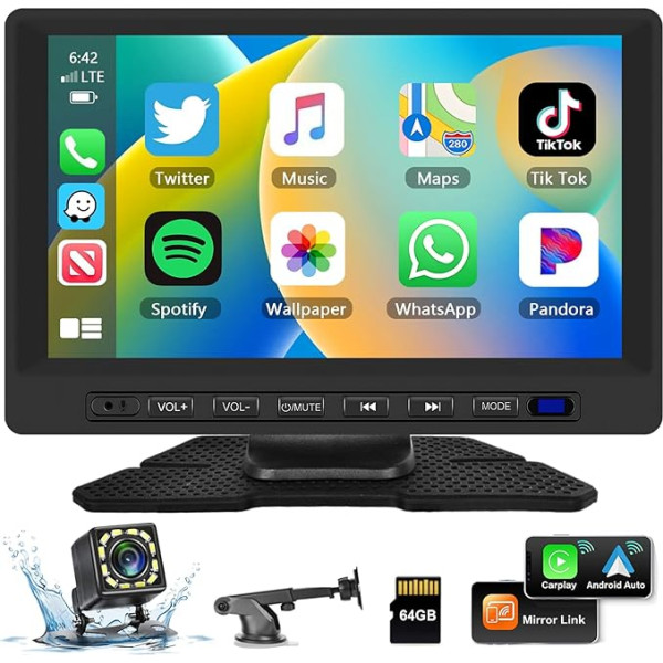 Podofo 7 collu pārnēsājamais auto radio ar bezvadu A-pple Carplay un Android Car, rotējošs statīvs, 7-32 V skārienjūtīgais Bluetooth ekrāns, SWC/EQ/Mirror Link/TF/USB/AUX + 64G TF kartes atbalsta kamera