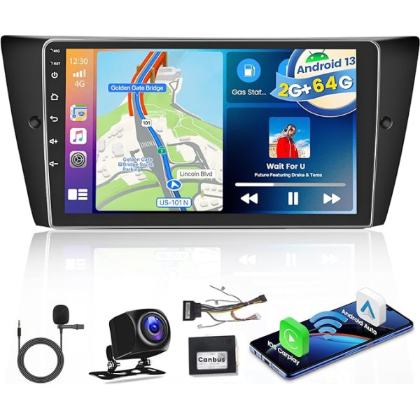 2GB + 64GB Android 13 Auto radio BMW 3 E90 E91 E92 E93 Radio bezvadu Apple CarPlay Android auto Bluetooth brīvroku komplekts 9 collu ekrāns Auto radio ar navigāciju atpakaļgaitas kamera