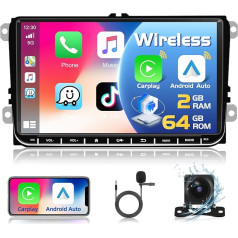 Podofo 2+64G auto radio VW Golf 5 6 Polo Seat Skoda MK5 MK6 ar bezvadu Apple Carplay, 9 collu Android auto radio ar ekrānu, Bluetooth, HiFi, WLAN, GPS, RDS + atpakaļgaitas kamera un mikrofons