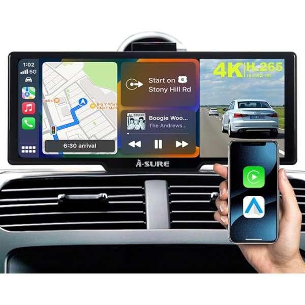 10,26 collu CarPlay ekrāns ar bezvadu Carplay Android auto 4K Dash Cam priekšējā 1080P atpakaļgaitas kamera Skārienjutīgais ekrāns Portatīvais auto radio Bluetooth WiFi Mirror Link 64GB TF karte