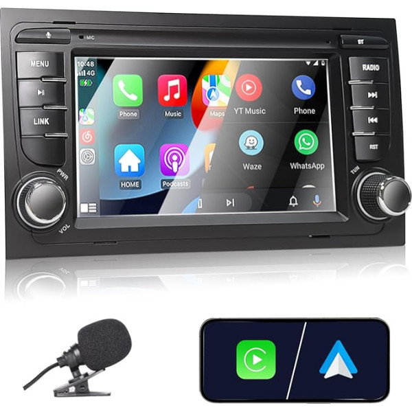 Liulbobu Auto radio Audi A4 S4 RS4 2002-2008, saderīgs ar bezvadu Apple Carplay un Android Car, 7 collu radio ar skārienjūtīgo ekrānu/Bluetooth/FM/AM/USB/DSP/RDS/Mirror Link