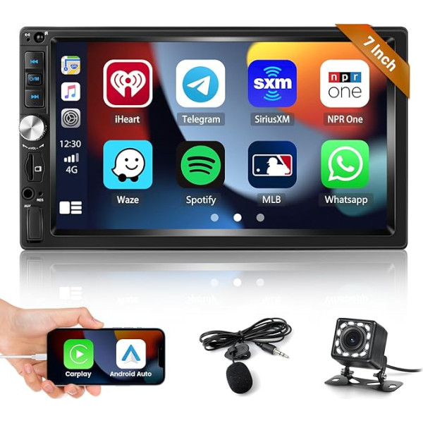 Inefala Radio Auto 2 DIN Carplay ar 7 collu skārienjūtīgo ekrānu Autoradio Bluetooth ar Android Car Play Mirror Link FM TF USB AUX SWC Mikrofons Kameras tālvadības pults atpakaļgaitas kamerai