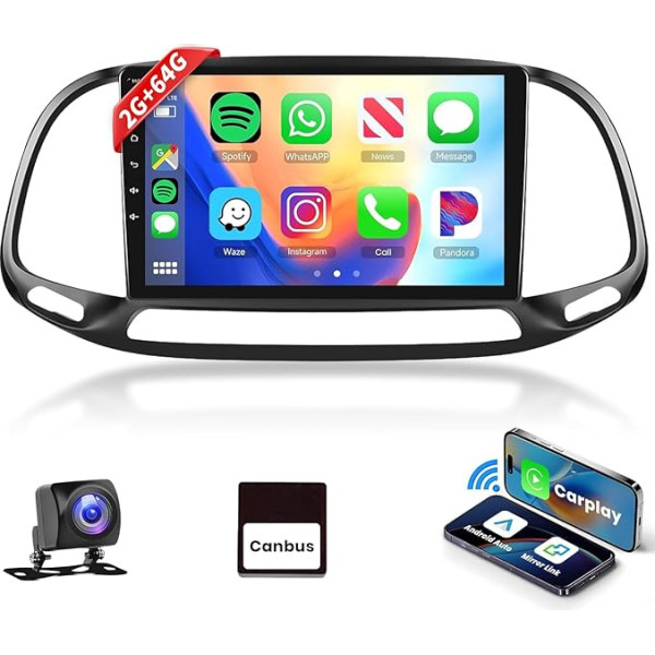 Podofo Carplay auto radio Fiat Doblo/Yeni Kasa 2015, 9 collu skārienjūtīgais ekrāns, auto radio 2G + 64G ar bezvadu A-pple Carplay Android Car, Bluetooth/Mirror Link/GPS/WiFi/FM/RDS/SWC + atpakaļgaitas kamera