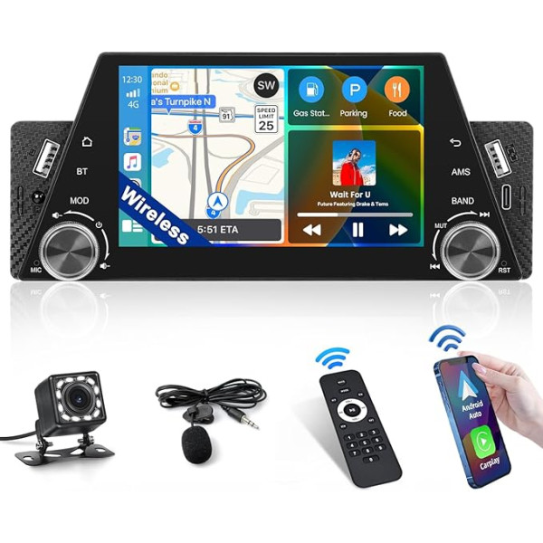 Inefala Bluetooth-Autoradio 1 Din Kompatibel mit Carplay Android Auto, 5-Zoll-Touchscreen-Stereo Auto unterstützt Bluetooth-Freisprecheinrichtung/Mirror Link/FM-Radio/USB/Typ-C/EQ mit Rückfahrkamera