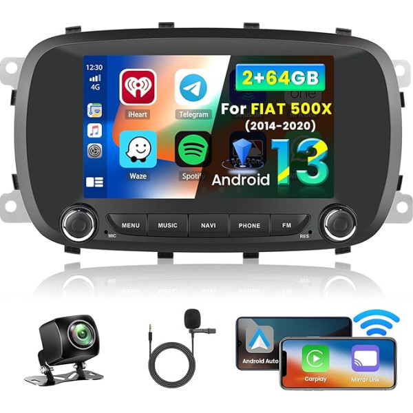 Inefala 7 Zoll Android 13 Autoradio für FIAT 500X 2014-2020 2 DIN Bildschirm (2+64GB) mit Wireless CarPlay Android Auto FM RDS GPS Bluetooth Lenkrad Steuerungen Rückfahrkamera