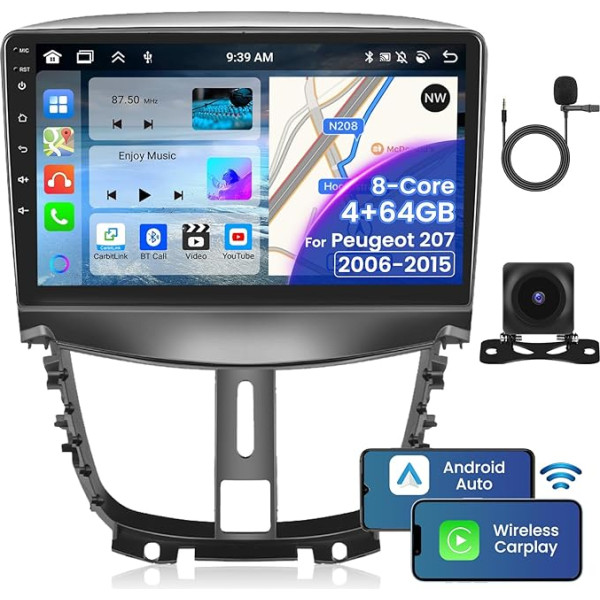 Inefala 8 Core 4 + 64GB Android Autoradio für Peugeot 207 2006-2015 Stereo Radio 9 Zoll Bildschirm mit Wireless Carplay Android Auto Bluetooth, GPS Navigator, FM RDS, AHD Rückfahrkamera