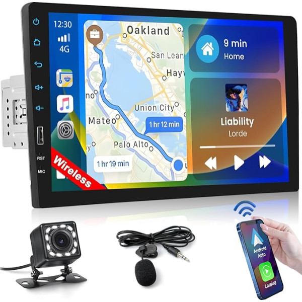 Inefala Bluetooth autoradio 1 DIN, saderīgs ar Carplay Android Car, 9 collu skārienjūtīgais ekrāns, autoradio atbalsta Bluetooth brīvroku zvanu / Mirror Link / FM radio / USB / EK ar atpakaļgaitas kameru