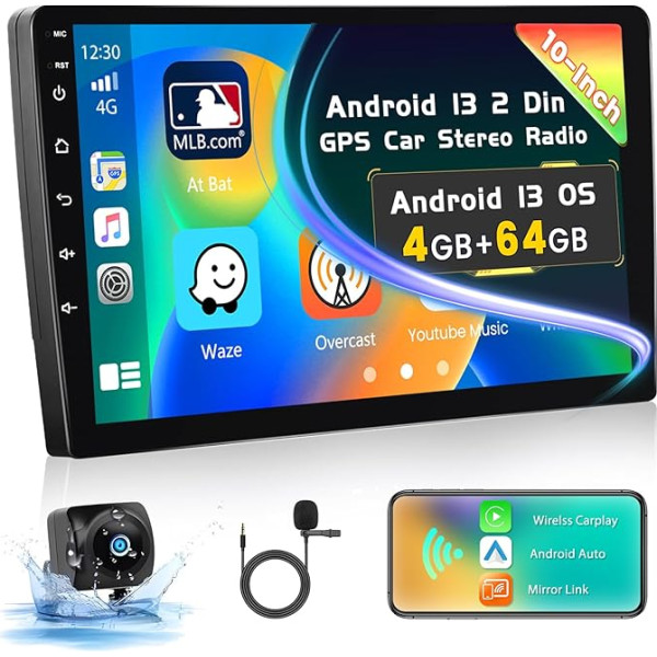 [4+64GB] Inefala 10 collu skārienjūtīgais ekrāns Android 13 Auto radio 2 DIN ar bezvadu Carplay Android auto skārienjūtīgais ekrāns Auto radio Bluetooth ar GPS WiFi RDS atpakaļgaitas kamera & Mic