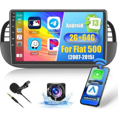 [2+64G] Hikity Android 13 auto radio ar satelīta navigāciju Fiat 500 2007-2015, Hikity 9 collu skārienjutīgais displejs ar ekrānu Carplay Android auto GPS WiFi Bluetooth FM RDS atpakaļgaitas kamera