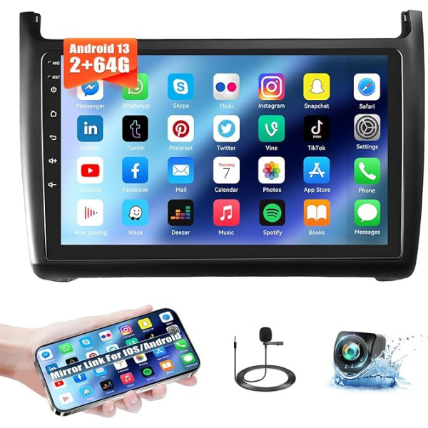 2 + 64 GB: Carplay auto radio VW Polo 6R 6C 9N 2008-2020 ar Android Car, skārienjūtīgais ekrāns 9 collu Android 13 auto radio ar GPS WiFi WiFi FM/RDS Bluetooth Mirror Link AUX + AHD atpakaļgaitas kamera & Mic