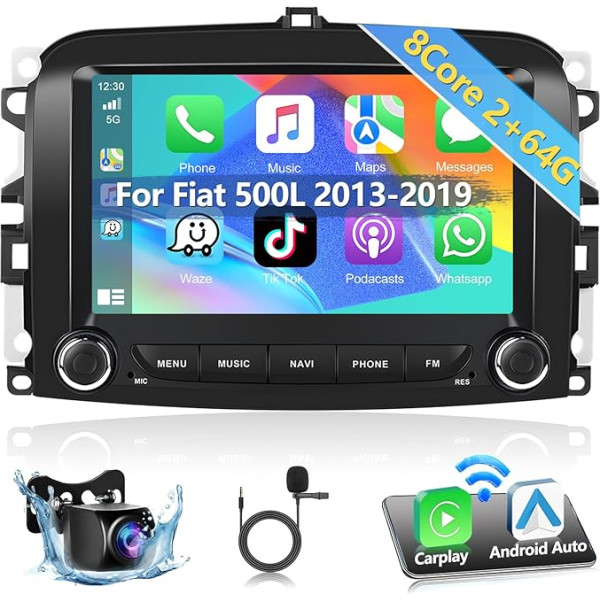 Podofo Auto radio Fiat 500L 2013-2019 Radio ar bezvadu Apple Carplay Android Car, Android 13 2G + 64G 7 collu auto radio ar ekrānu Bluetooth/HiFi/WLAN/GPS/RDS radio + HD aizmugures skata kamera