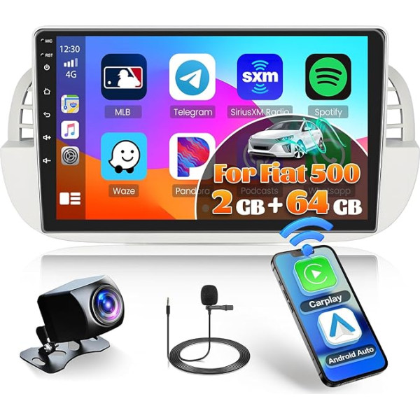 2+64G bezvadu Carplay auto radio Fiat 500 2007-2015, 9 collu portatīvais skārienjūtīgais radio ar Android auto FM RDS/GPS/Bluetooth/WiFi USB stūres vadības stūres rats + atpakaļgaitas kamera + Canbus