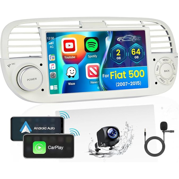 [2+64GB] Inefala 7 collu autoradio ar Android 13 priekš Fiat 500 2007-2015, Radio ar bezvadu CarPlay, Android Car, FM RDS, GPS, BT, WiFi, USB, MIC, aizmugures skata kamera, Canbus