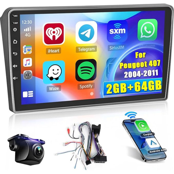 [2+64GB] Android 13 auto radio, bezvadu CarPlay Android auto, Peugeot 407 2004-2011 radio, 9 collu ekrāna auto radio, Bluetooth, Mirror Link, GPS WiFi FM RDS SWC SWC EQ