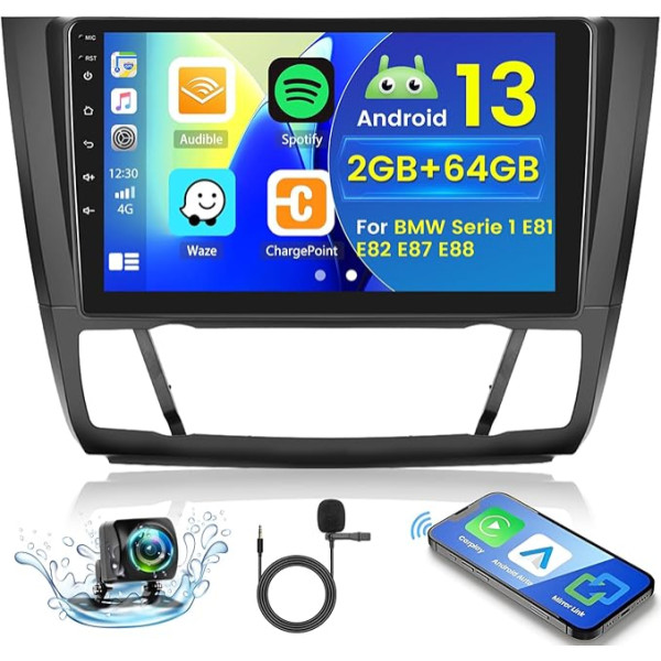 2 + 64 GB Android 13 Auto radio BMW Series 1 E81 E82 E87 E88 Radio Wireless Carplay Android Car, 9 collu IPS Touch Screen radio ar atpakaļgaitas kameru, Bluetooth, navigāciju, WiFi, DSP, ekvalaizeru, Mirror Link