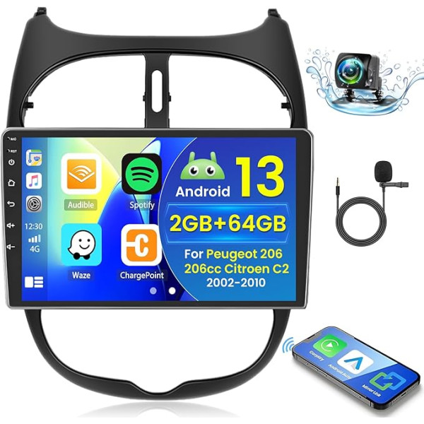 2+64GB Android 13 Auto Radio Peugeot 206 206cc Citroen C2 2002-2010 Radio Wireless Carplay Android Car, 9 collu IPS Touch Screen Radio ar atpakaļgaitas kameru, Bluetooth, Navi, WiFi, DSP