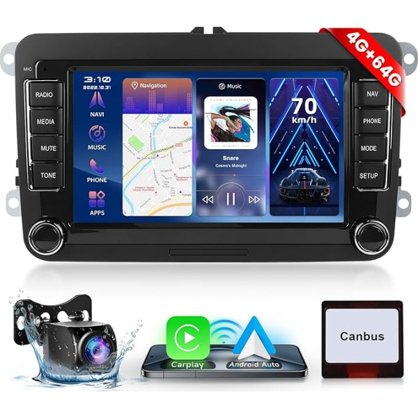 Hodozzy Carplay auto radio VW Golf 5 Polo Skoda ar navigāciju/WiFi, 7 collu VW auto radio 2 DIN Bluetooth ar Android Car/Mirror Link/32 EQ/FM/RDS/SWC/USB + atpakaļgaitas kamera